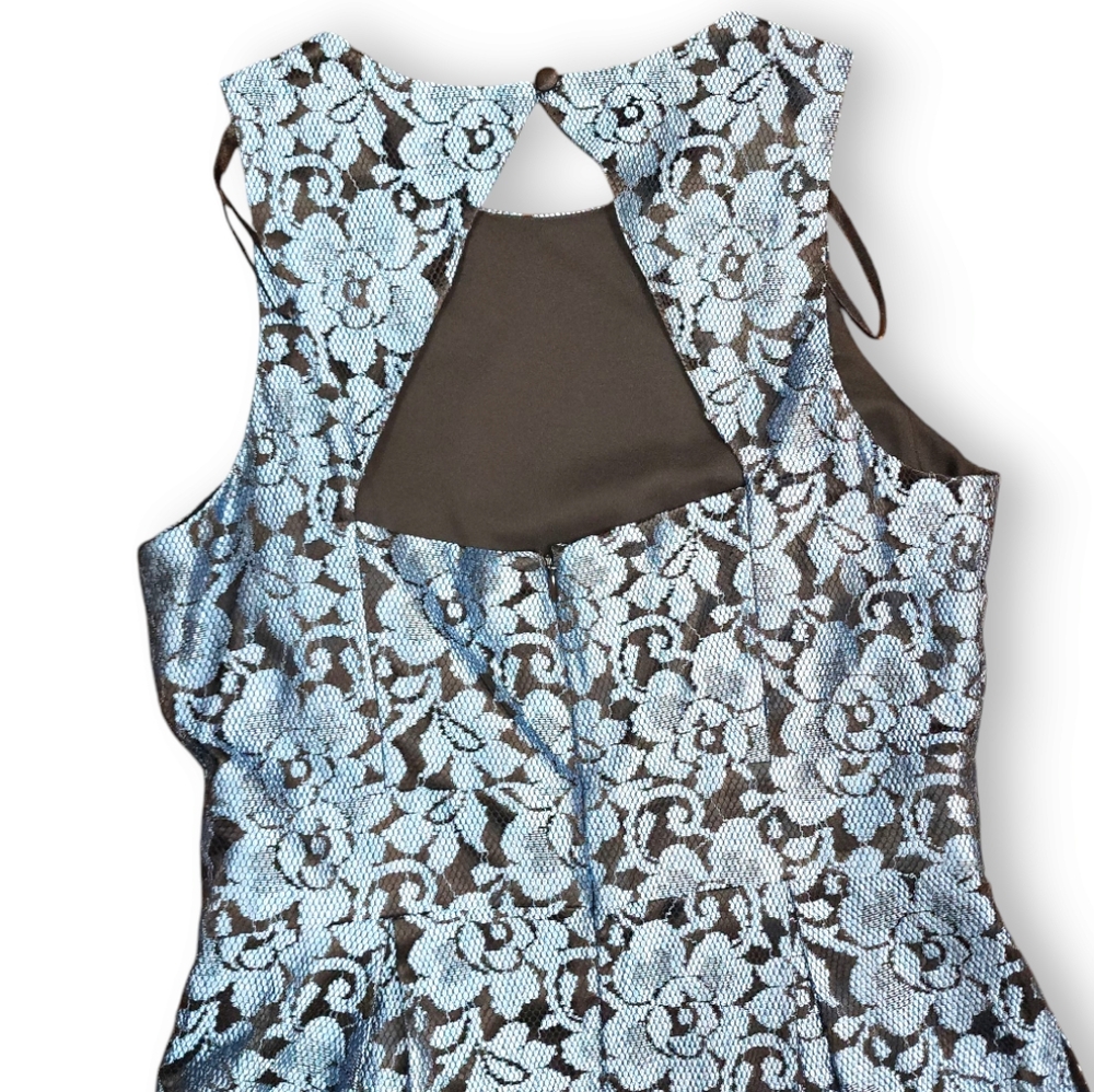 Eliza J Lace Black Blue Floral Cocktail Fit Flare Pleated Mini Dress Size 4 - Picture 7 of 17